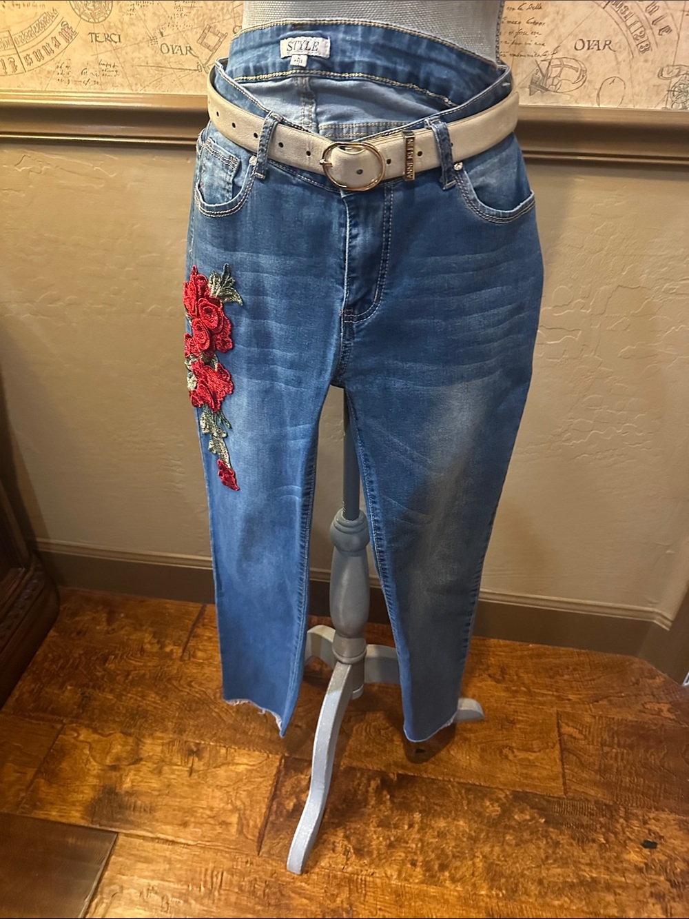 Style & Co. Blue Cropped Jeans with Red Rose Embroidery